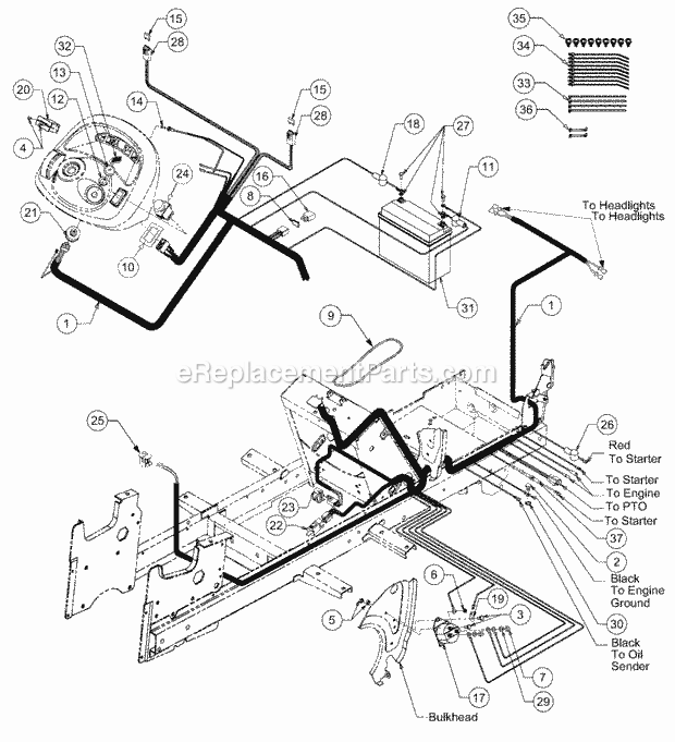 Battery, Electrical Components And Switches Diagram and Parts List for GT2521-48 13A-278M710 Cub Cadet Lawn Tractor
